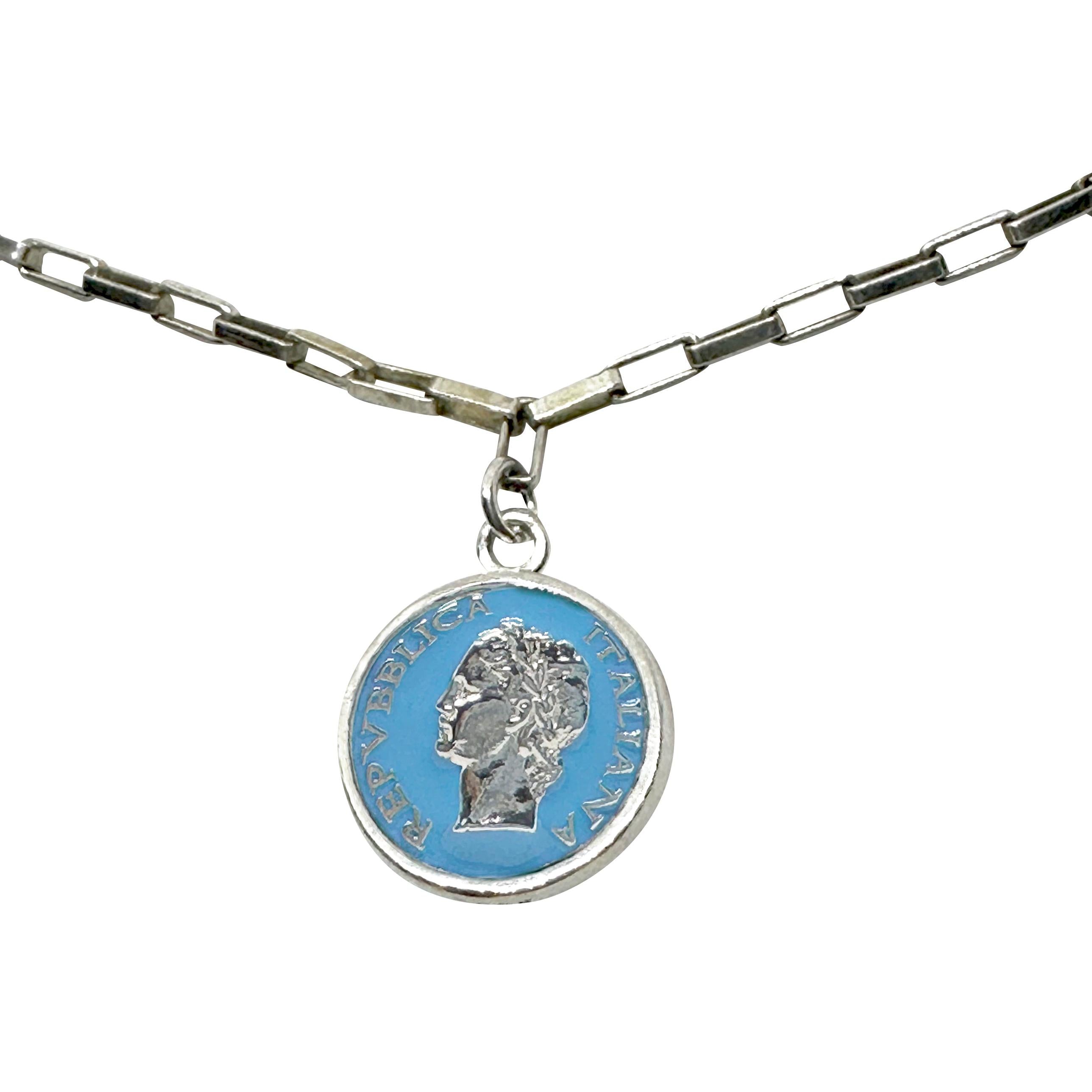 Vintage BDG Accessories silver necklace with blue enamel pendant inspired by 1950s Dolce Vita style.