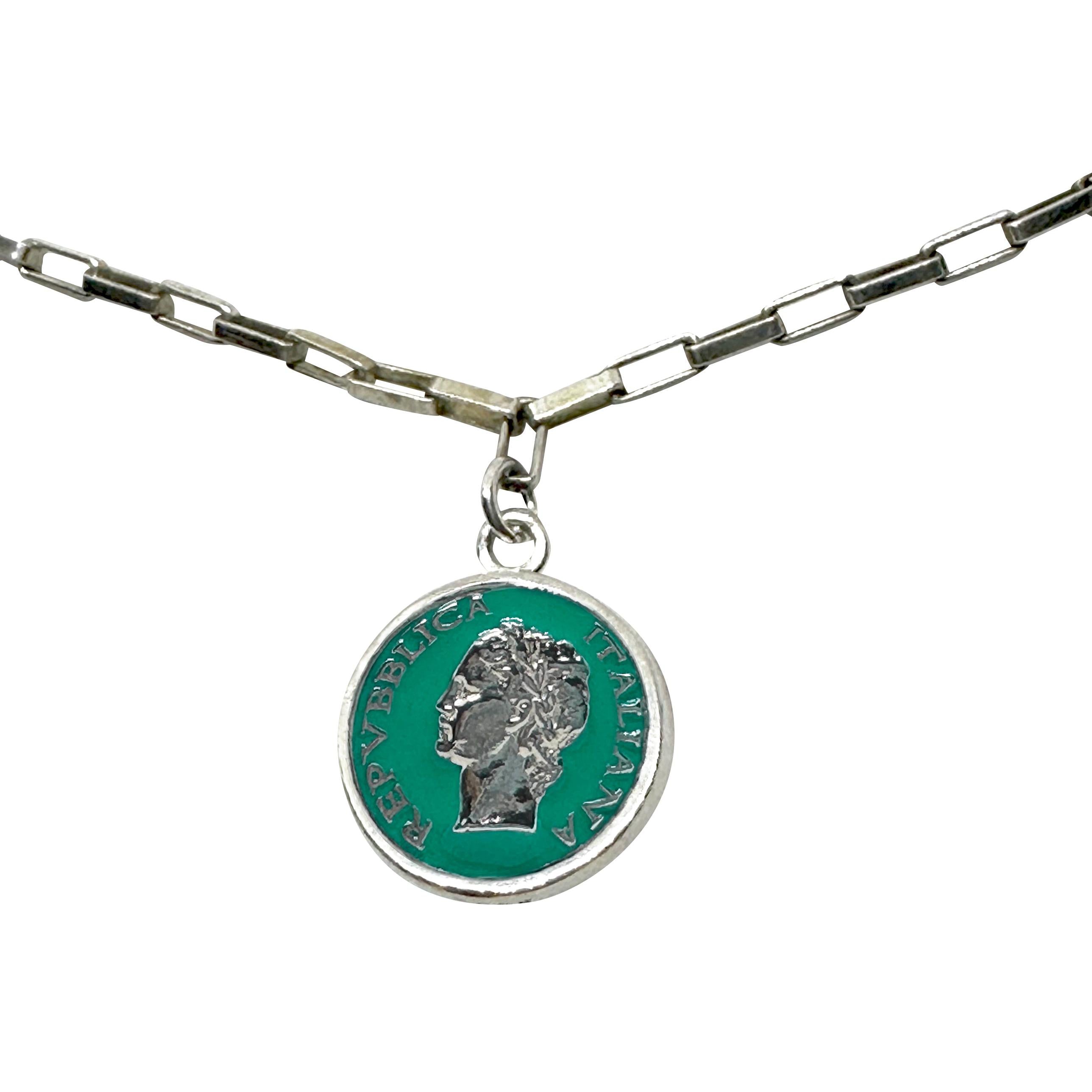 Silver chain necklace with vintage green enamel pendant inspired by 1950s Dolce Vita style from BDG Accessories.