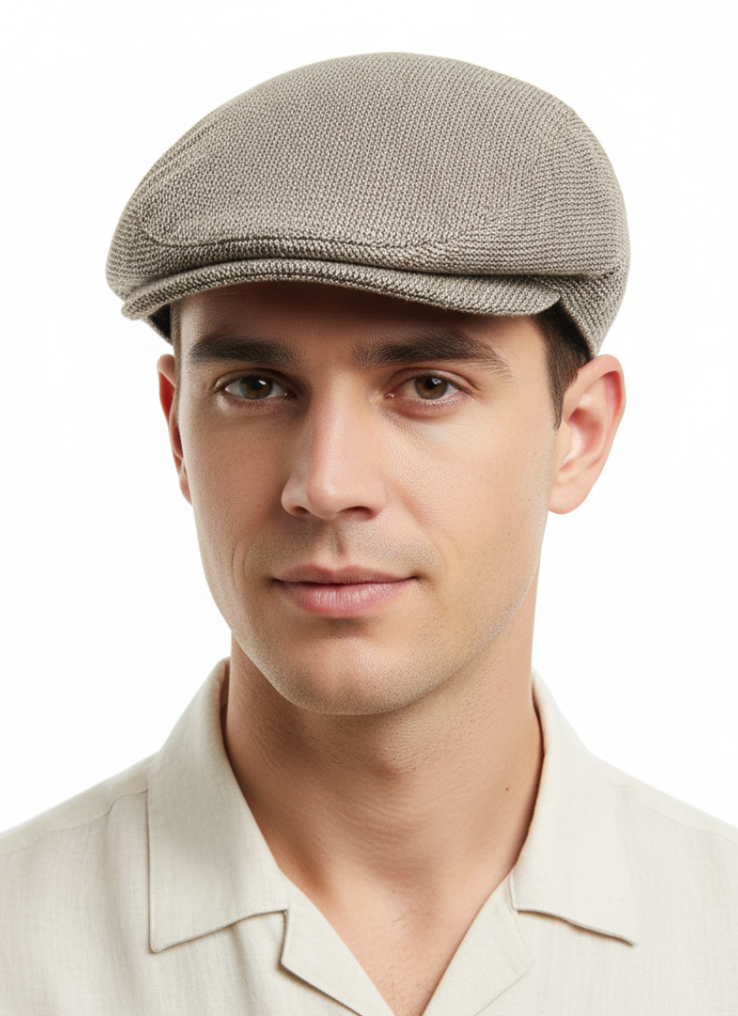 Uomo con Coppola London Safari in lino e cotone micro disegno color beige, made in Italy