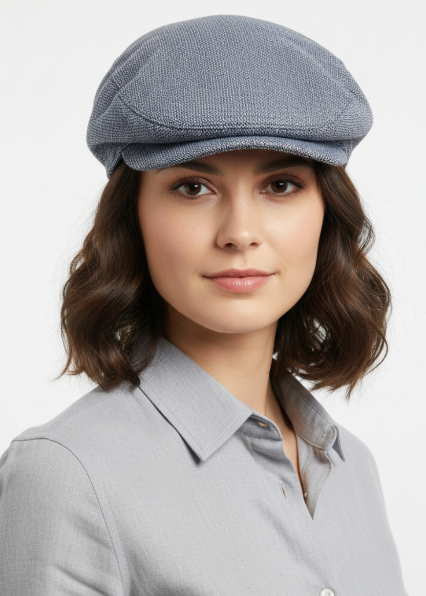 Donna con Coppola London Safari in lino e cotone micro disegno color blu, made in Italy