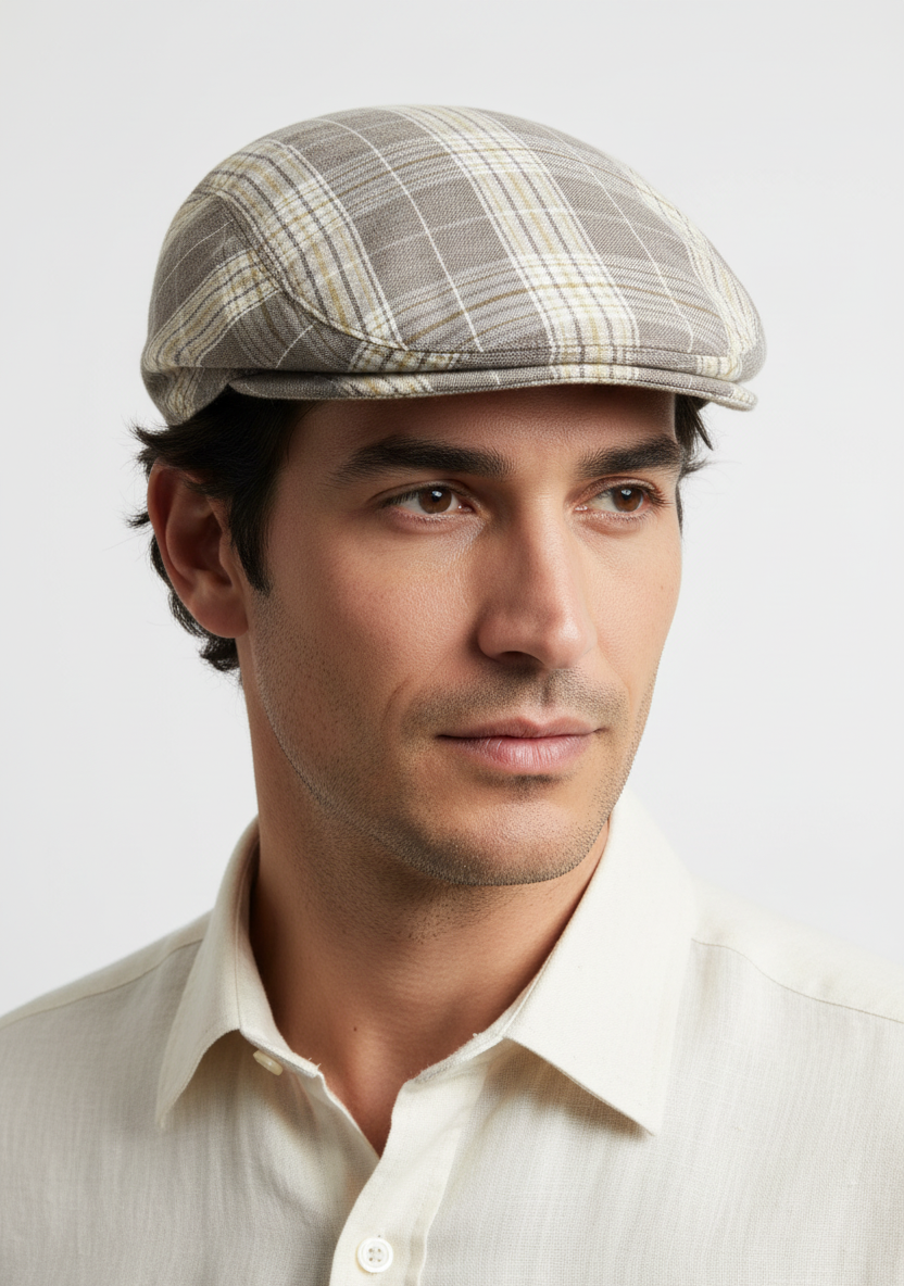 Coppola London Tartan beige misto lino cotone uomo - flat cap tartan verde artigianale Made in Italy - Sbarià