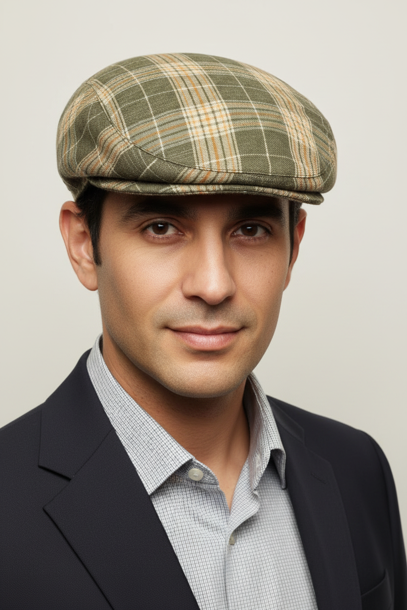 Coppola London Tartan verde misto lino cotone uomo - flat cap tartan verde artigianale Made in Italy - Sbarià
