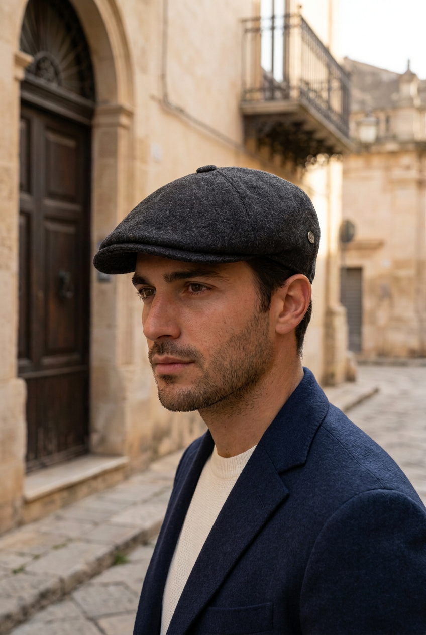 Coppola Oxford antracite con spicchi più definiti e cappotto blu navy