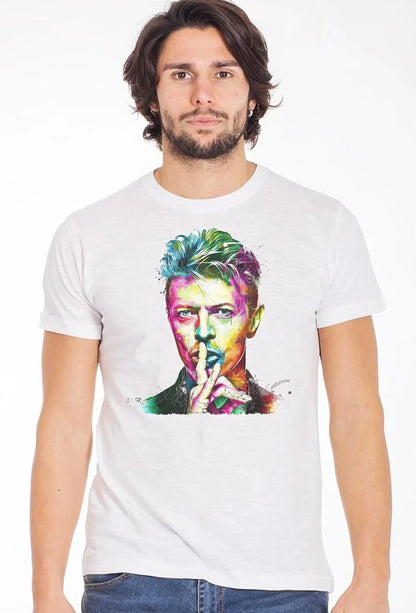 White cotton David Bowie Uomo Slub T-shirt by STREET STYLE, featuring a printed graphic on the front, made in Italy.