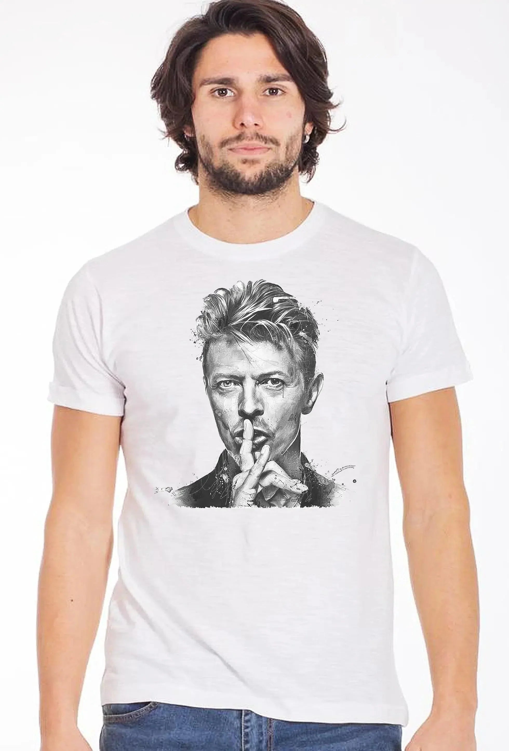 Street Style David Bowie Uomo Slub T-shirt made of 100% cotton, featuring a casual urban design and bold graphic print.