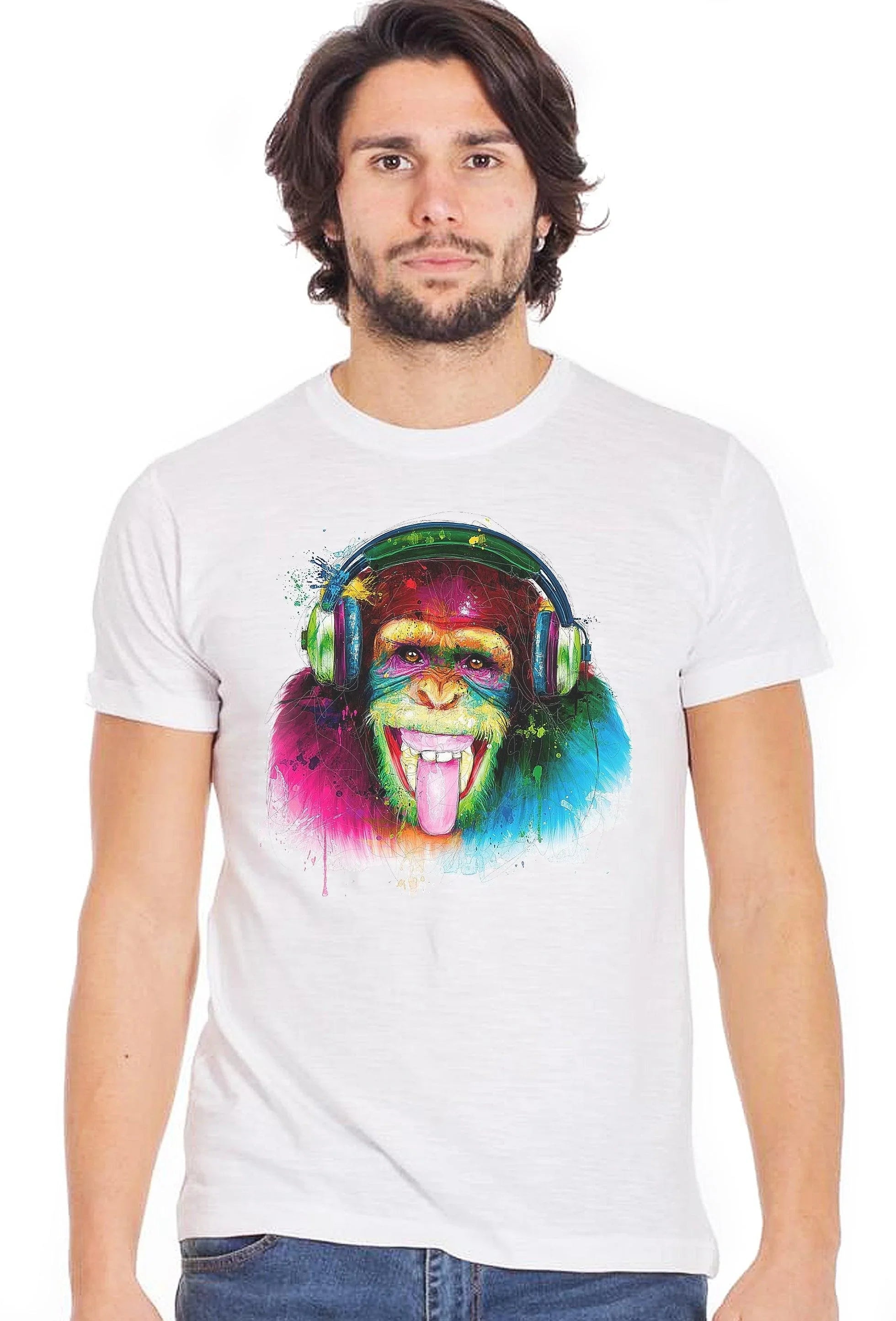 Street Style DJ Monkey Art men's eco-friendly cotton T-shirt with colorful graphic design and casual fit.