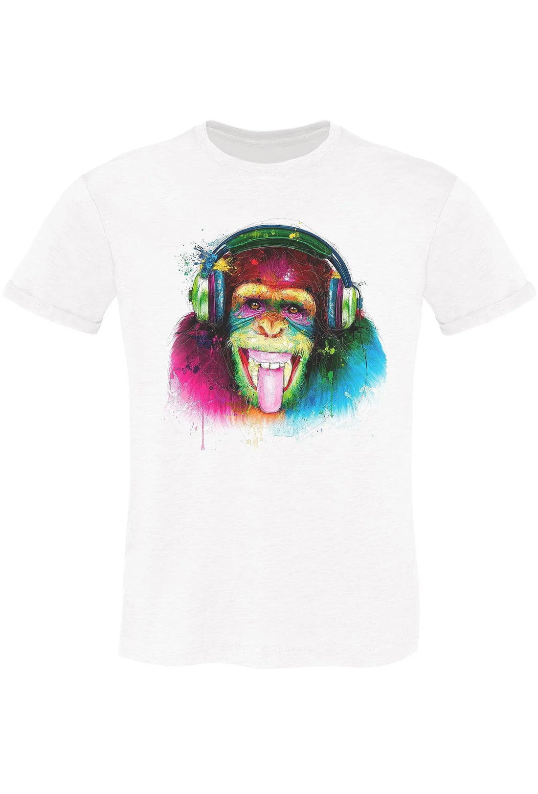 Street Style DJ Monkey Art men's eco-friendly cotton T-shirt featuring colorful DJ monkey graphic design.