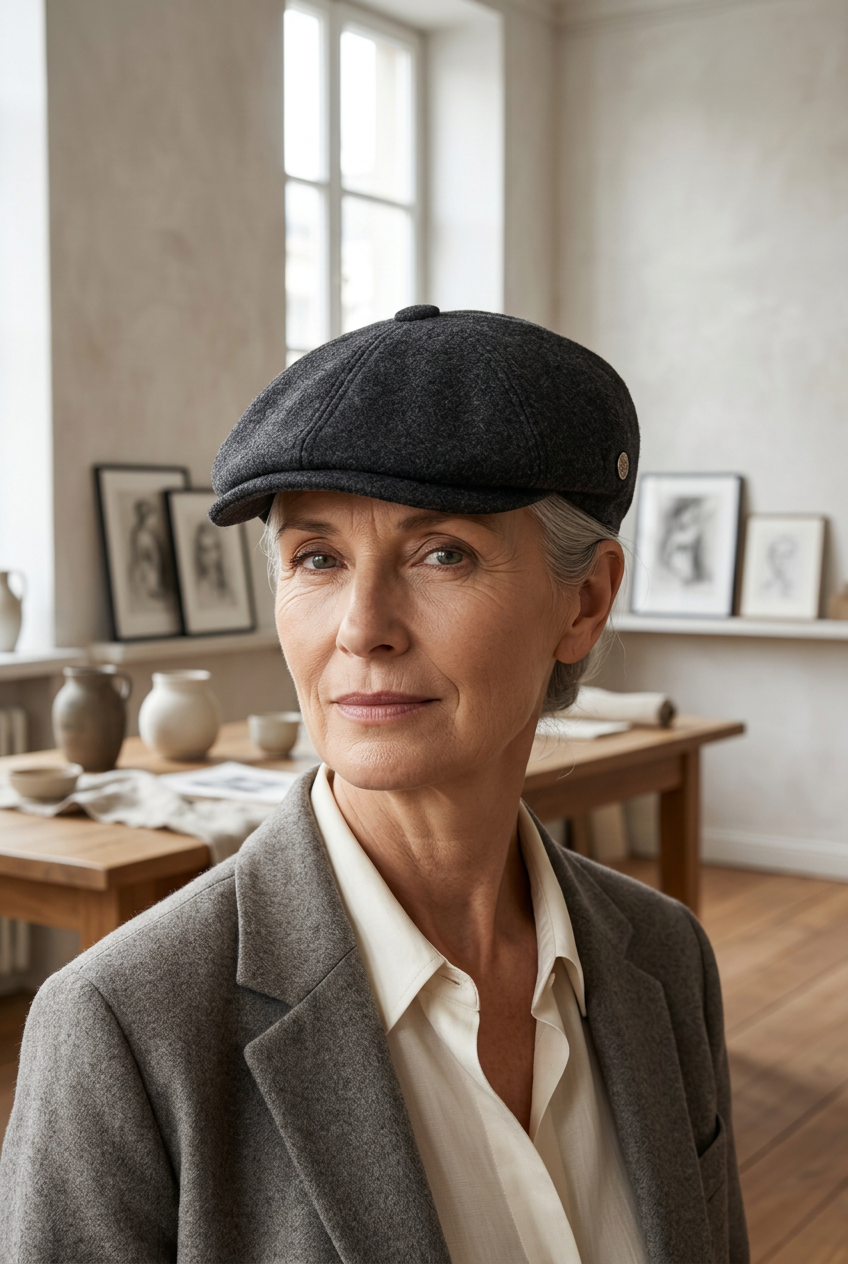 Donna matura con coppola Oxford antracite in un atelier luminoso