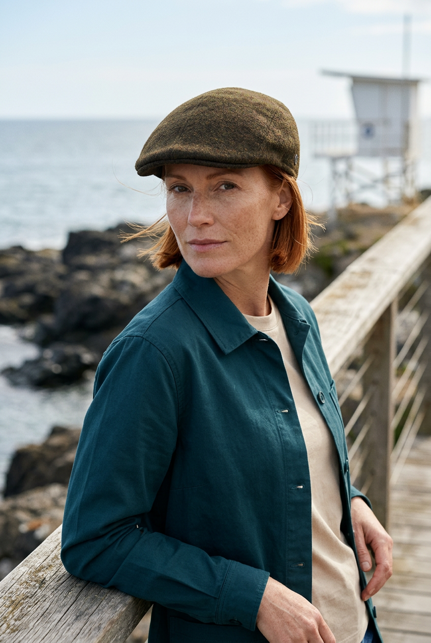 Duffy bruciato, modella con look petrolio sul lungomare