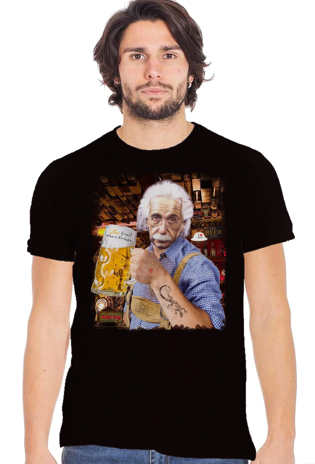 Street Style men's organic cotton T-shirt featuring Einstein holding a beer, casual urban style with a vintage washed finish.