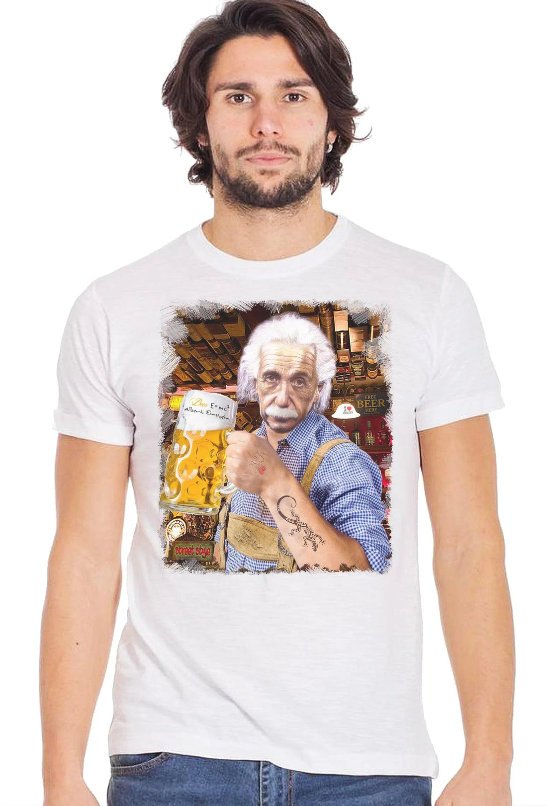 Street Style men's organic cotton T-shirt featuring Einstein drinking beer print, in a casual urban style.