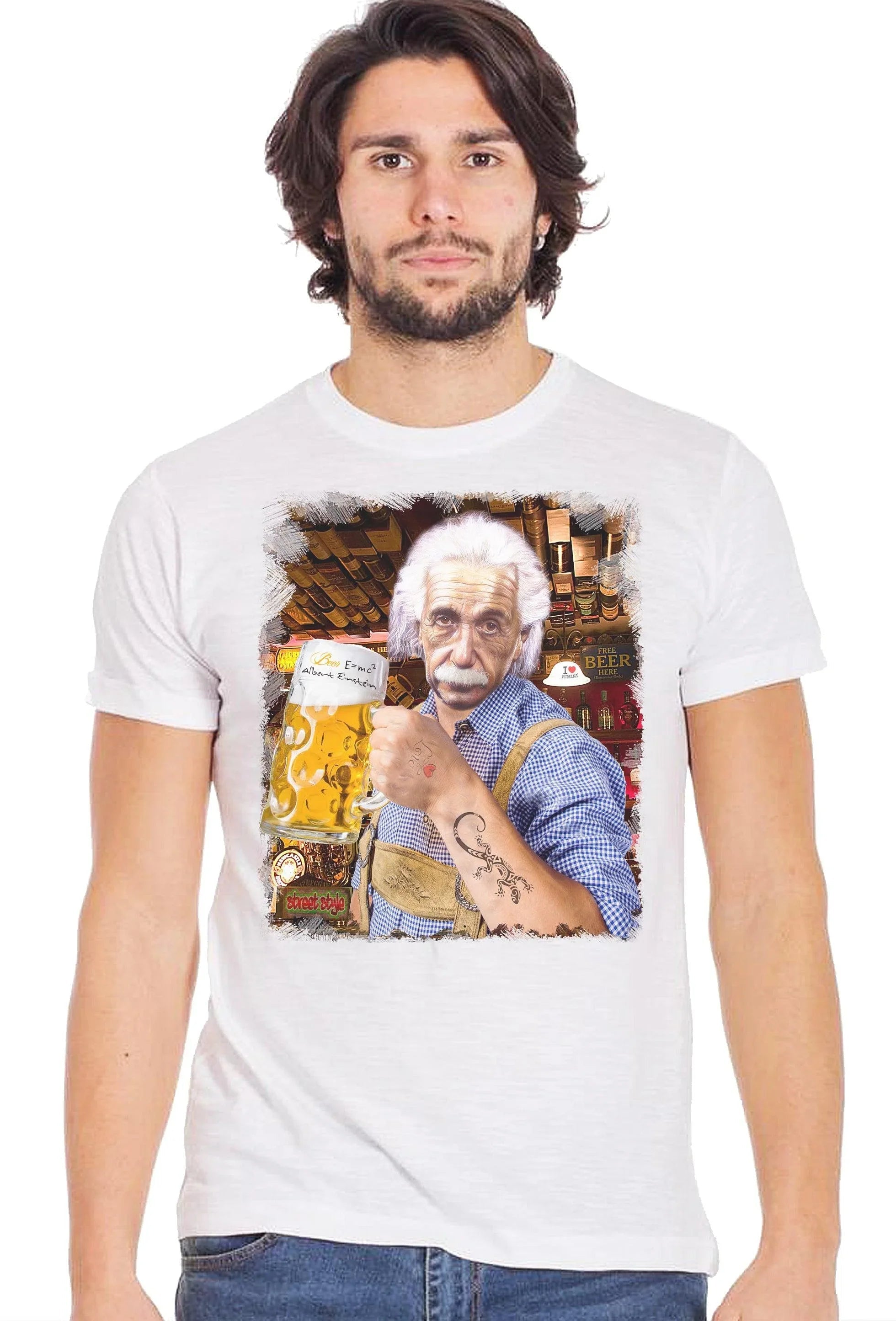 Street Style men's organic cotton T-shirt featuring Einstein drinking beer print, in a casual urban style.