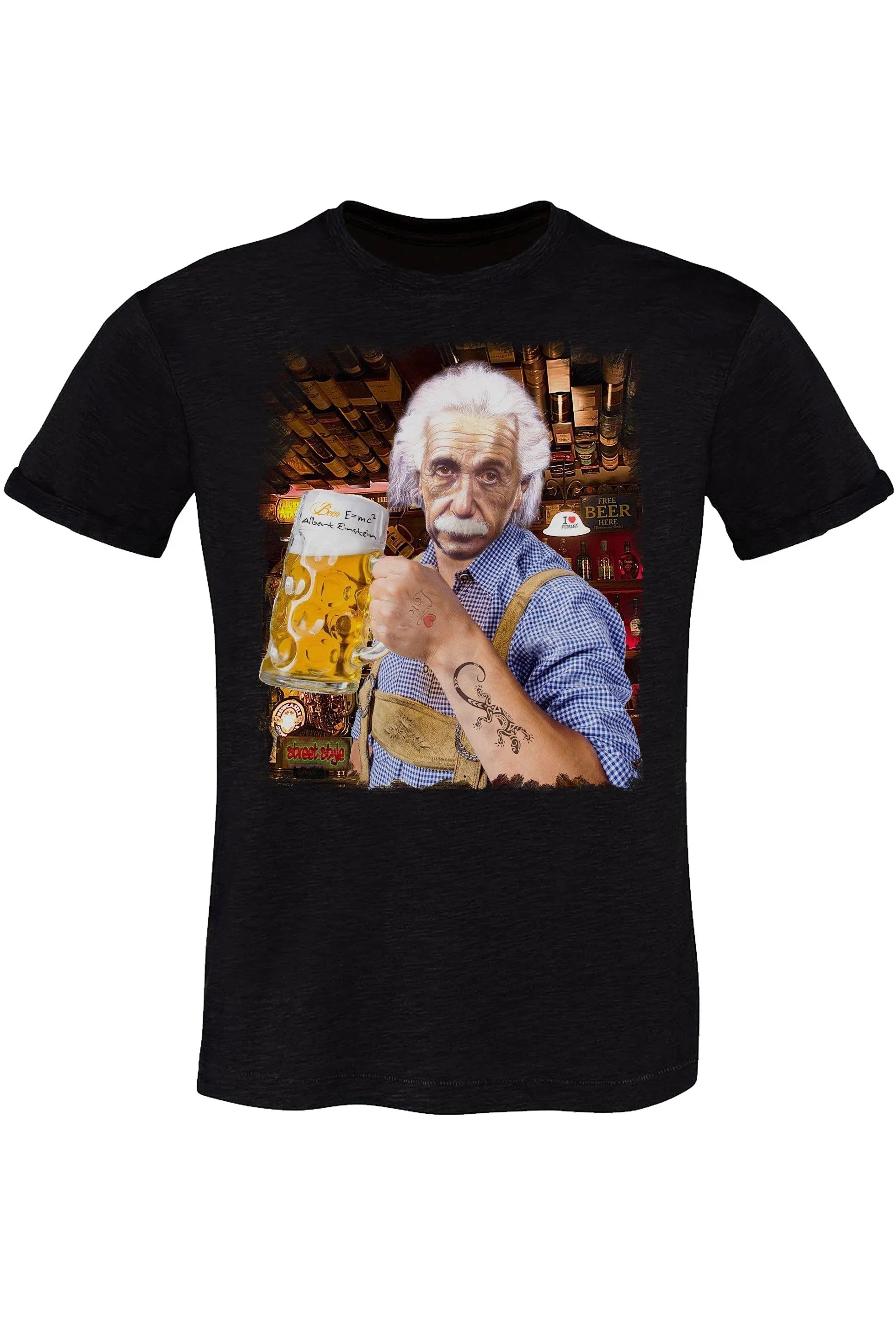 Street Style men's organic cotton T-shirt featuring Einstein drinking beer design, urban style, and comfortable fit.