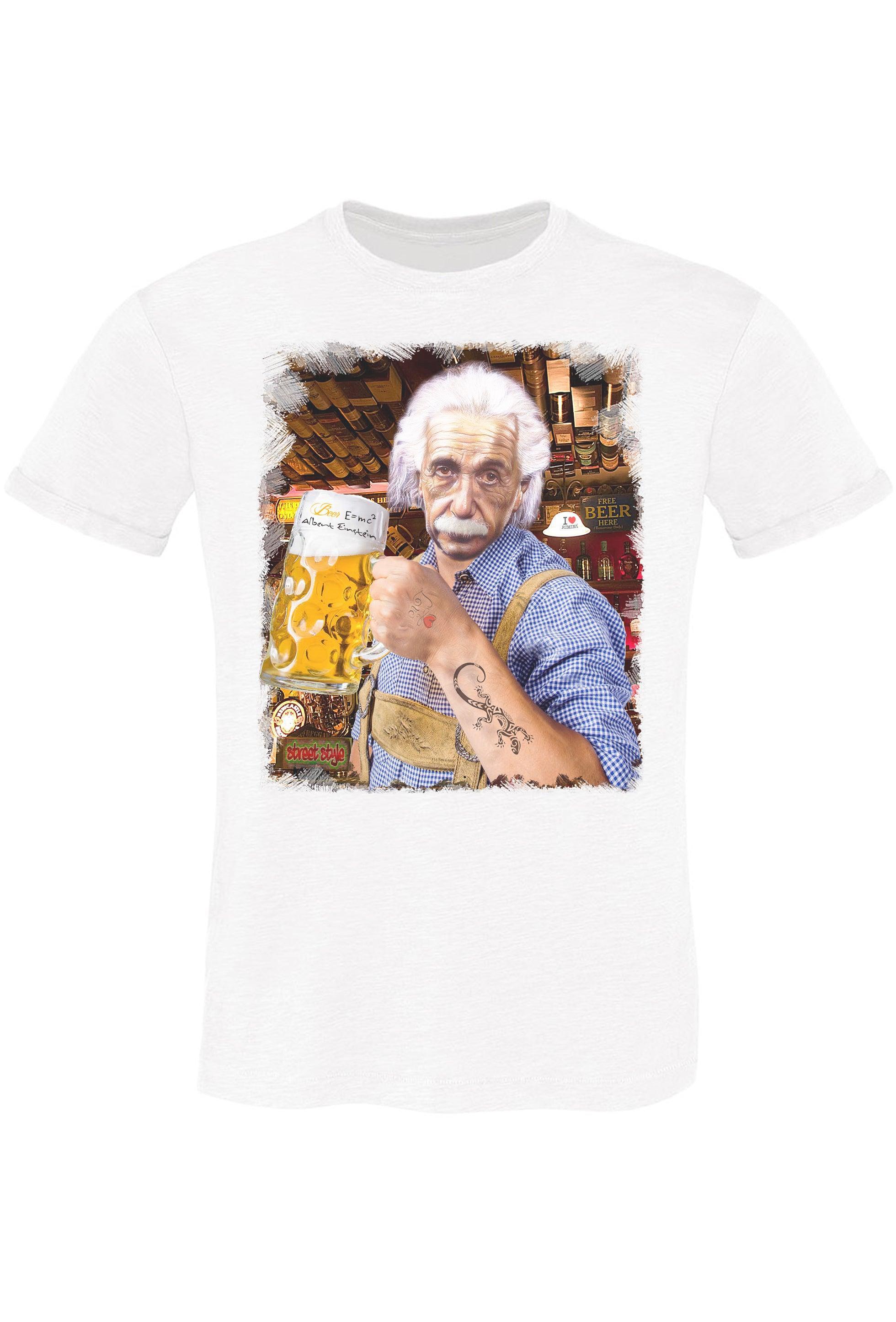 Street Style men's organic cotton T-shirt featuring Einstein drinking beer graphic, urban casual style.