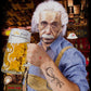 Street Style men's organic cotton T-shirt featuring Einstein drinking beer print, urban design, comfortable and stylish for everyday wear.
