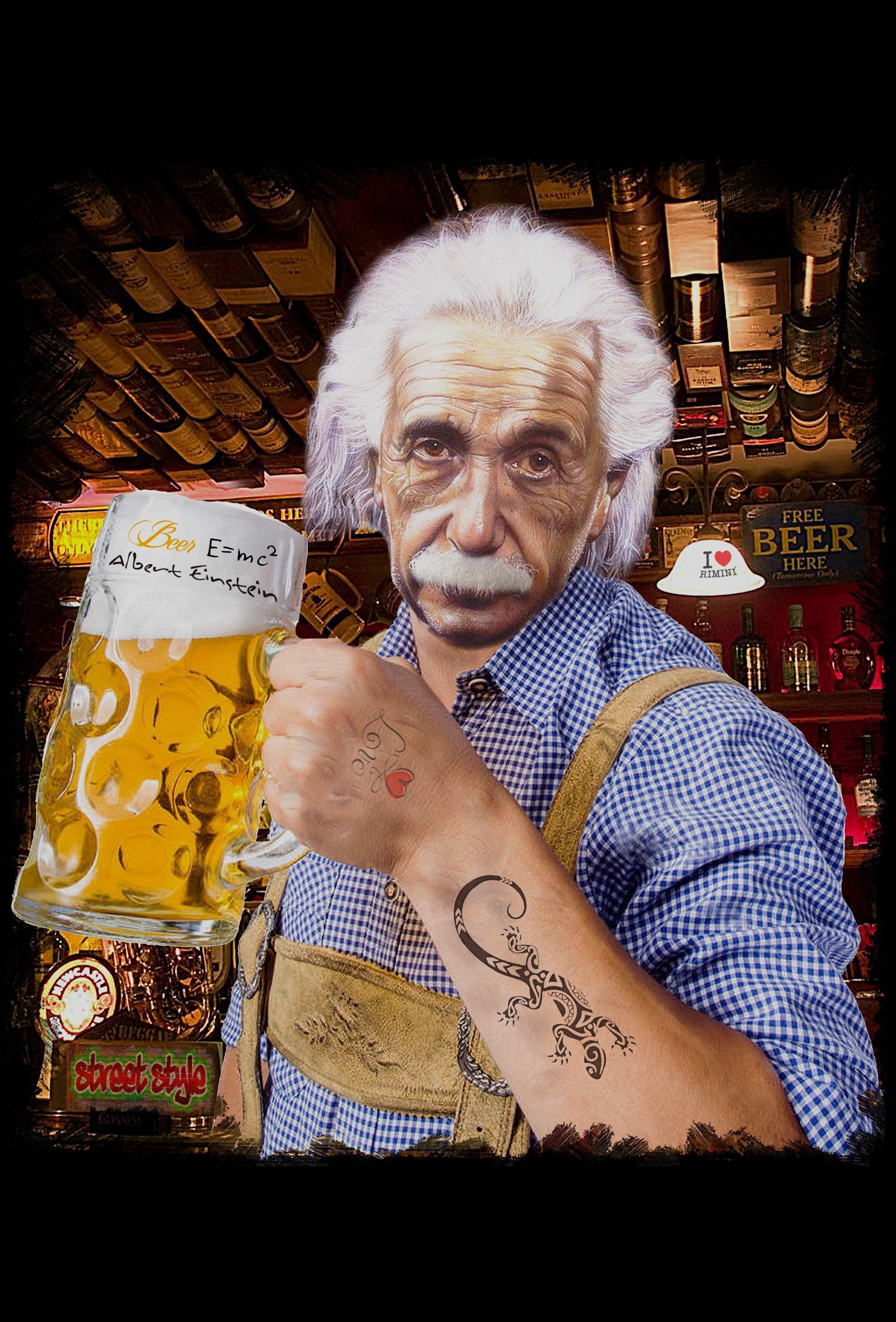 Street Style men's organic cotton T-shirt featuring Einstein drinking beer print, urban design, comfortable and stylish for everyday wear.