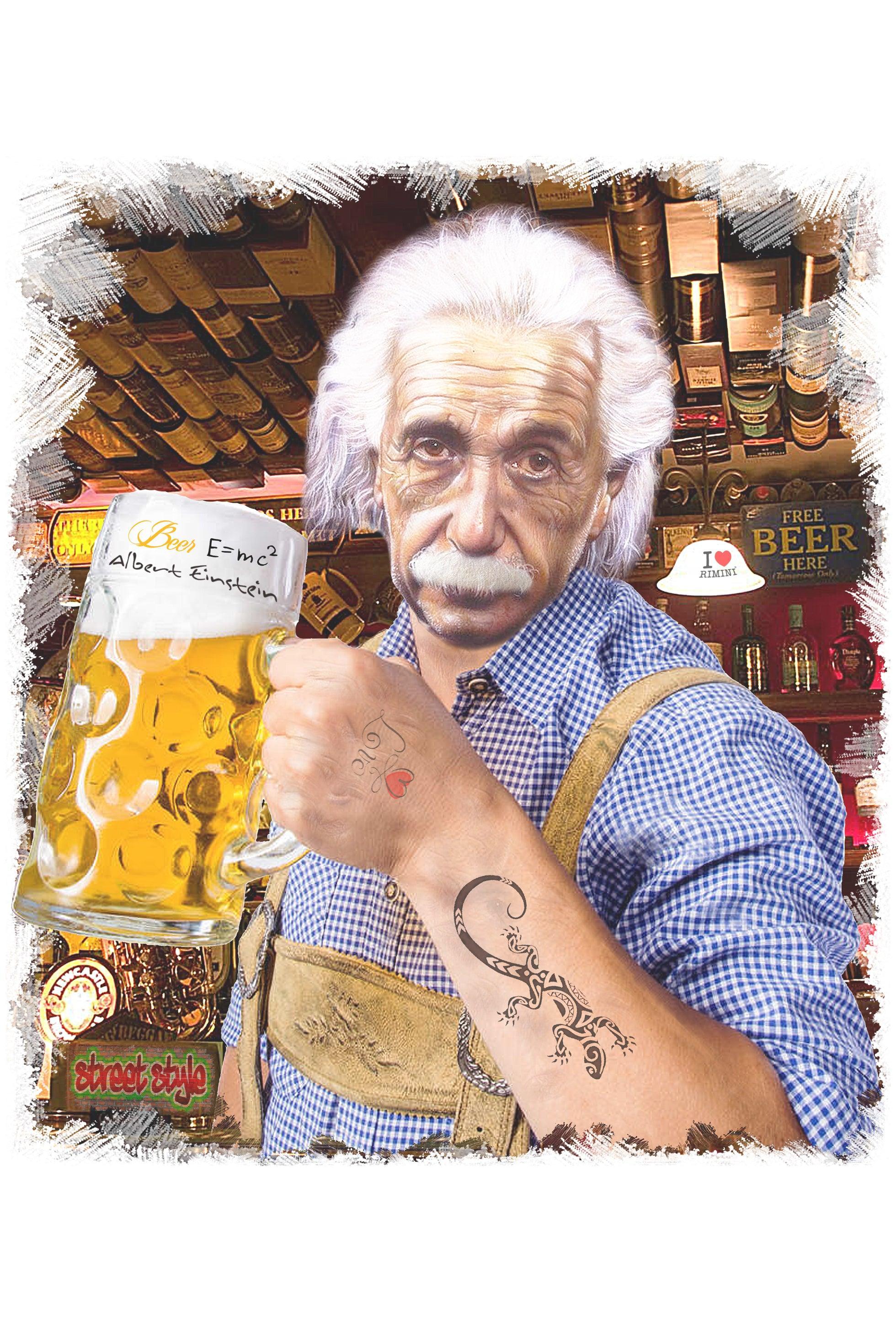 Street Style men's organic cotton T-shirt featuring Einstein drinking beer graphic, casual urban style, beige color.