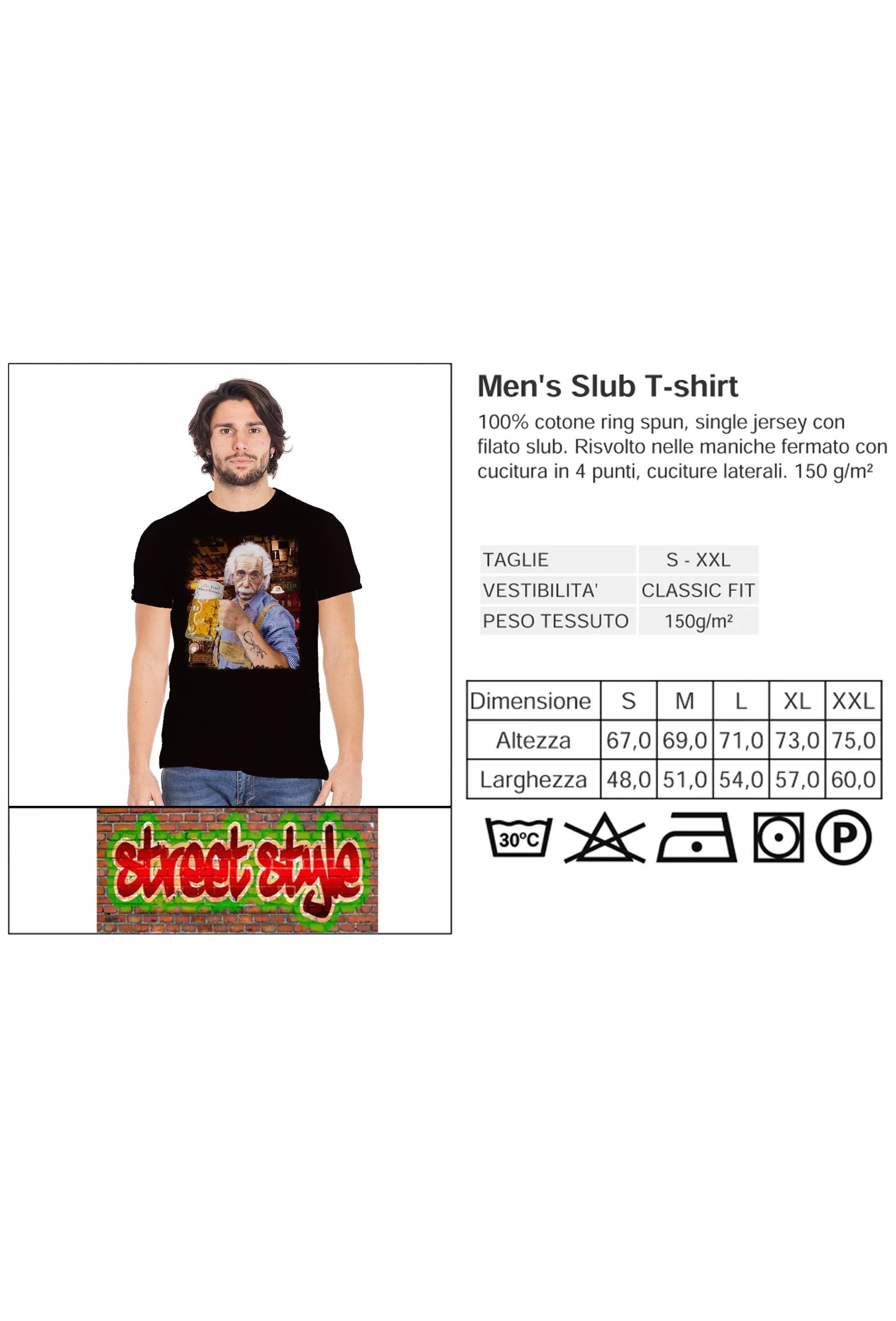 Street Style men's organic cotton T-shirt featuring Einstein drinking beer print, casual urban style, natural fabric, and comfortable fit.