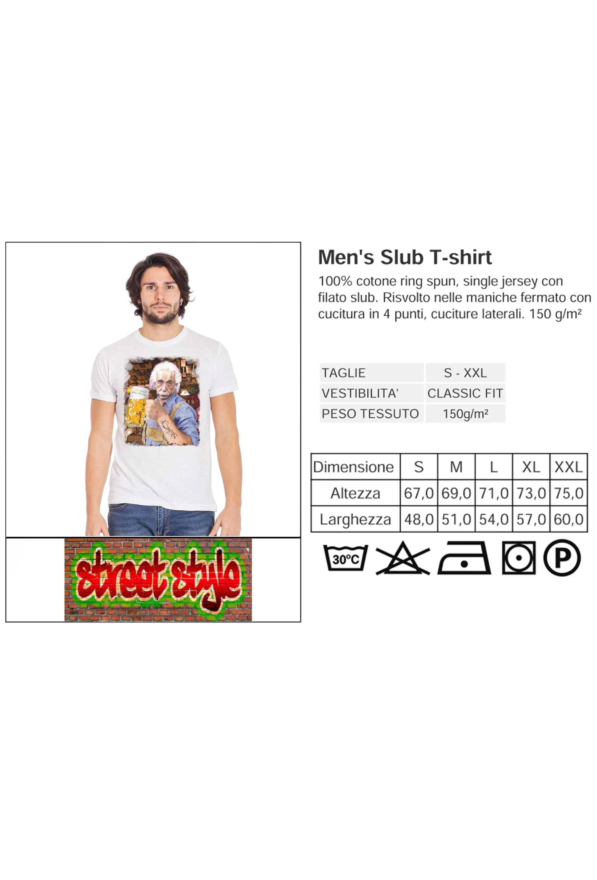 Street Style men's T-shirt featuring Einstein drinking beer, made from 100% organic cotton with a faded urban design.