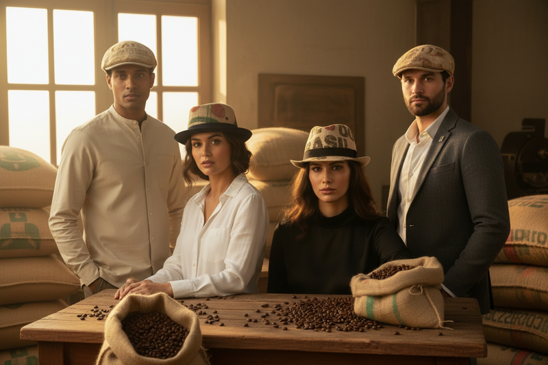 Foto di gruppo - modelli con cappelli juta caffè originali