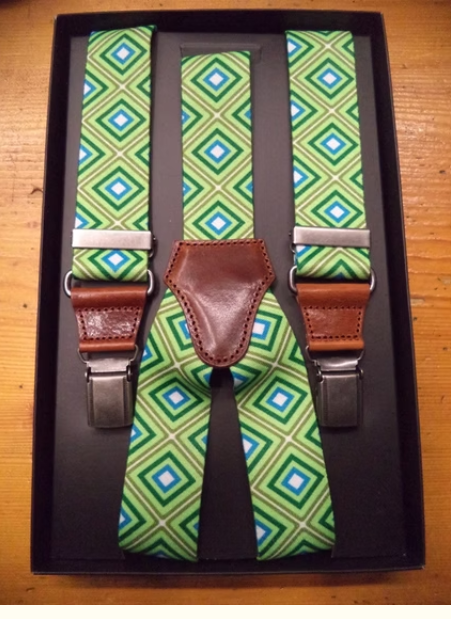 Ethnic-style handmade suspenders by Sbarià, crafted in Italy, featuring colorful, patterned fabric for a unique accessory look.
