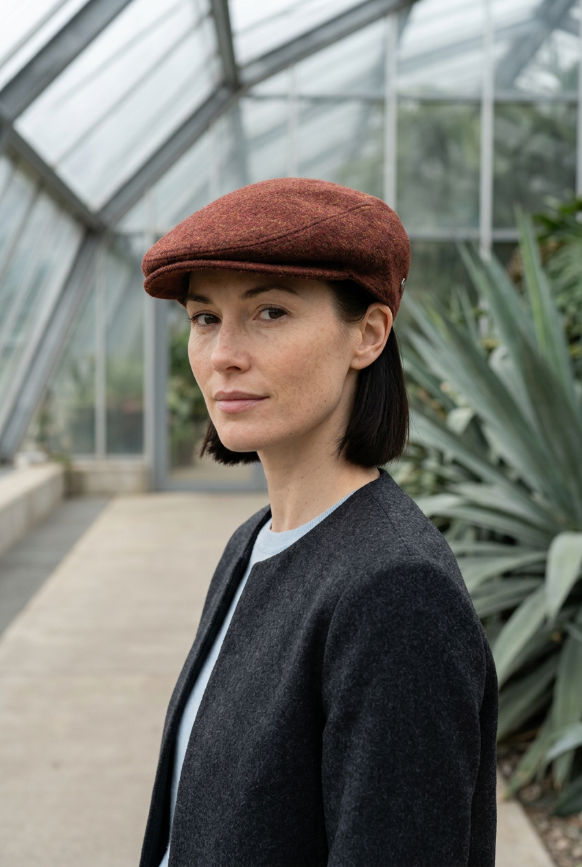 London coccio, modella davanti alla serra contemporanea