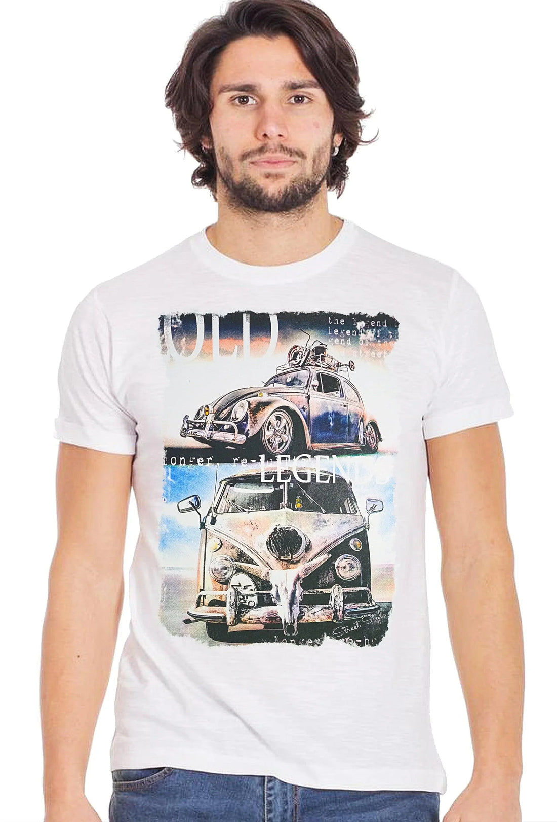 Street Style men's T-Shirt featuring a Maggiolino T2 Volkswagen camper van graphic on 100% cotton fabric.