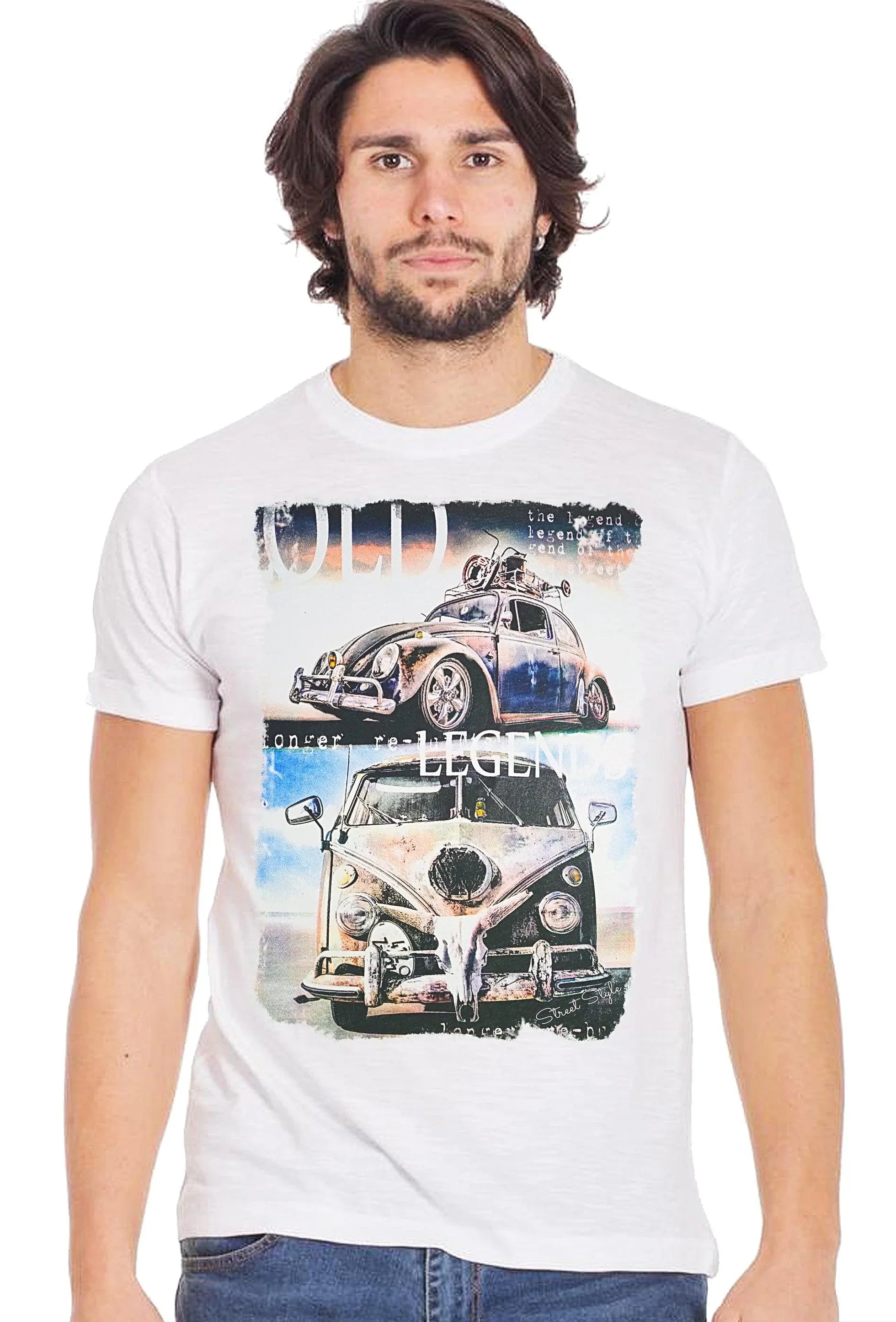 Street Style men's T-Shirt featuring a Maggiolino T2 Volkswagen camper van graphic on 100% cotton fabric.