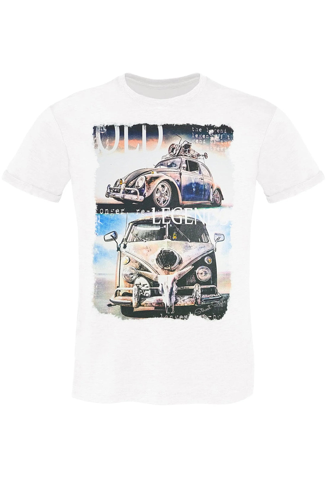 Street Style men's T-Shirt featuring a colorful Volkswagen Maggiolino T2 graphic, made of 100% cotton, urban streetwear style.