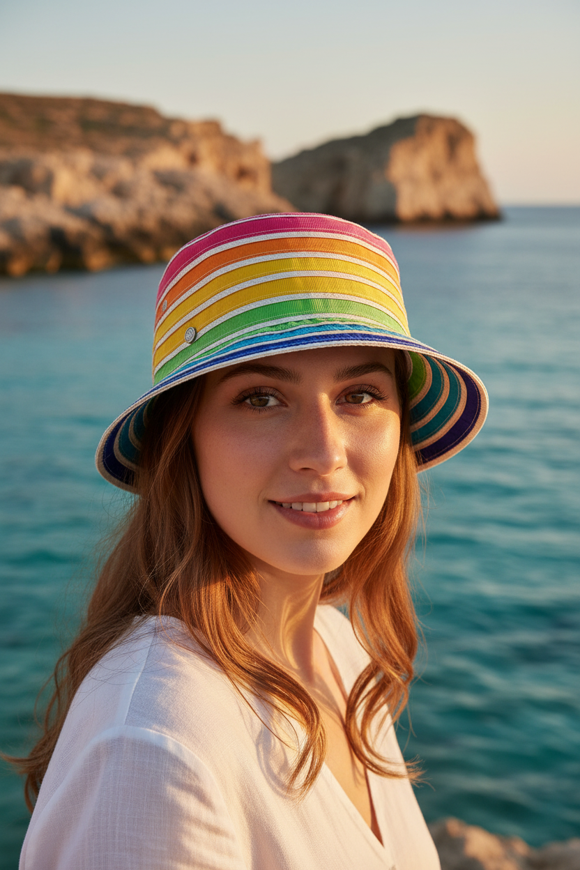Modella con bucket hat ribbon multicolor, pin sinistra, Lampedusa