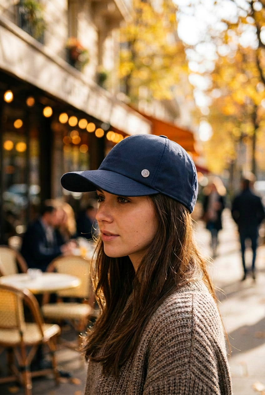 Modella con cappello Baseball in cotone cerato wax blu