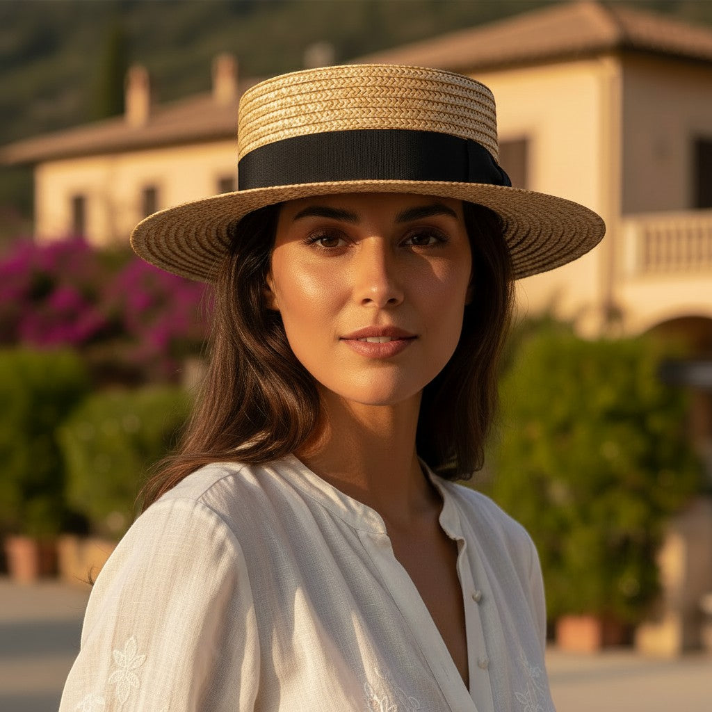 Modella con cappello boater fiocco nero