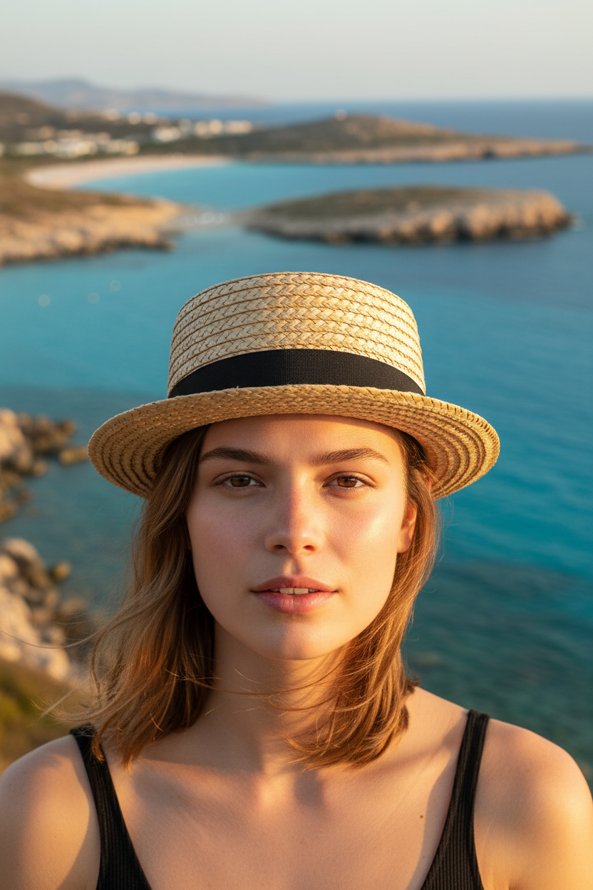Modella con Pork Pie in raffia a Lampedusa