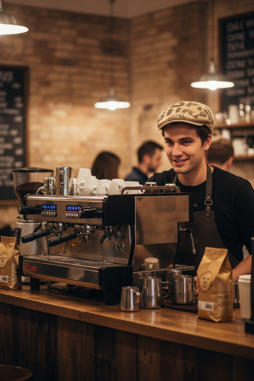 Modello barista con coppola Bang Coffee Sack tre pannelli