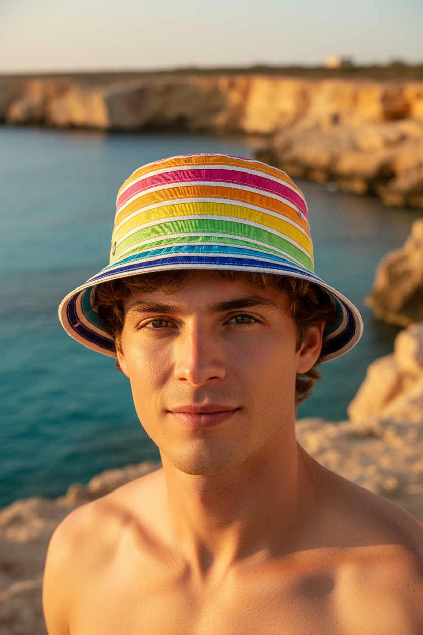 Modello con bucket hat ribbon multicolor, pin sinistra, Lampedusa