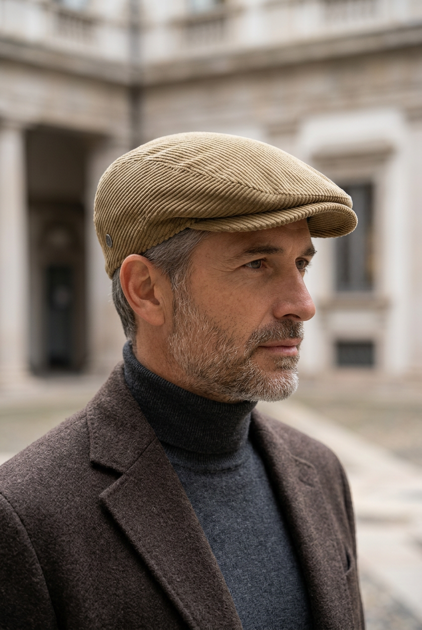 Modello con coppola London in velluto beige e cappotto marrone