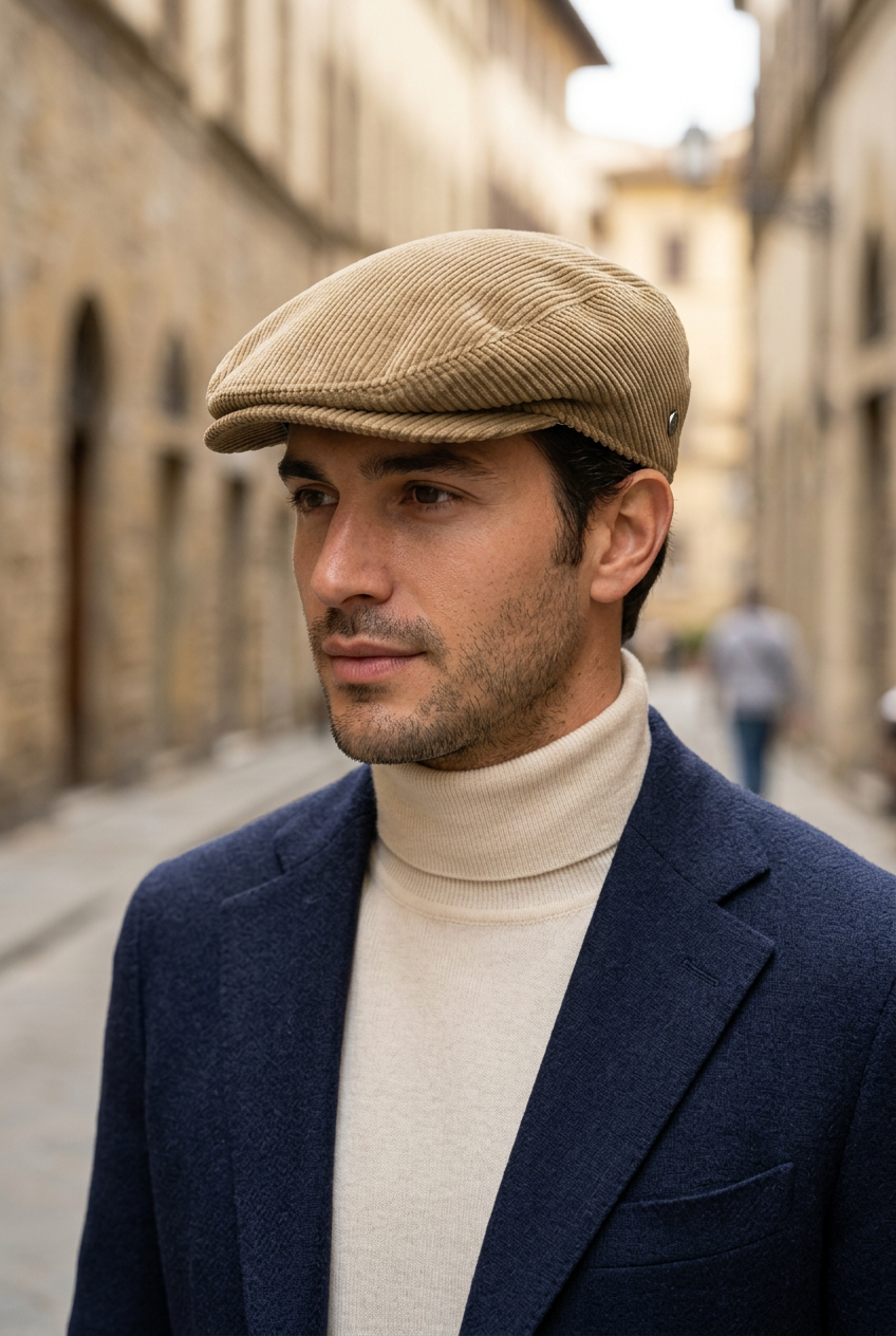 Modello con coppola London in velluto beige e giacca blu