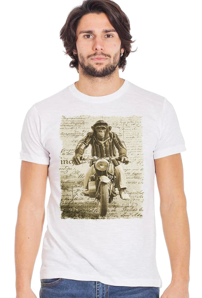Street Style Monkey Dream Moto T-shirt for men featuring a bold monkey and auto art design, 100% cotton urban casual wear.