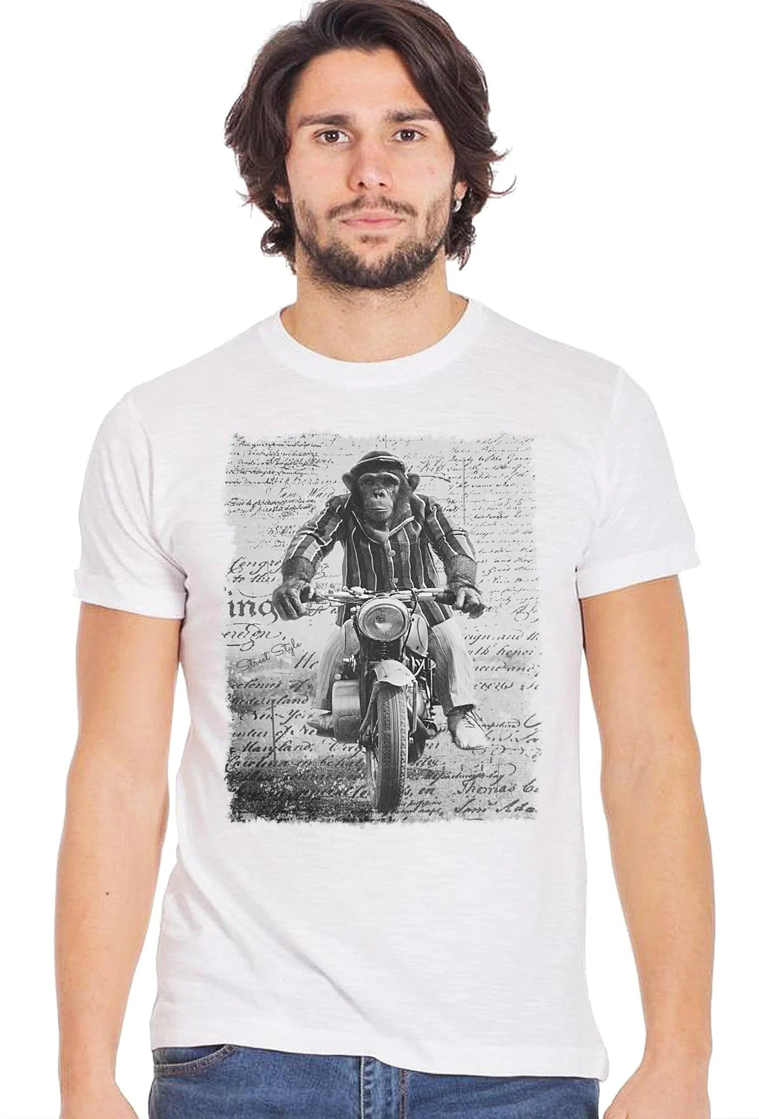 Street Style Monkey Dream Moto T-shirt for men featuring urban design, 100% cotton, with a bold monkey graphic on the front.