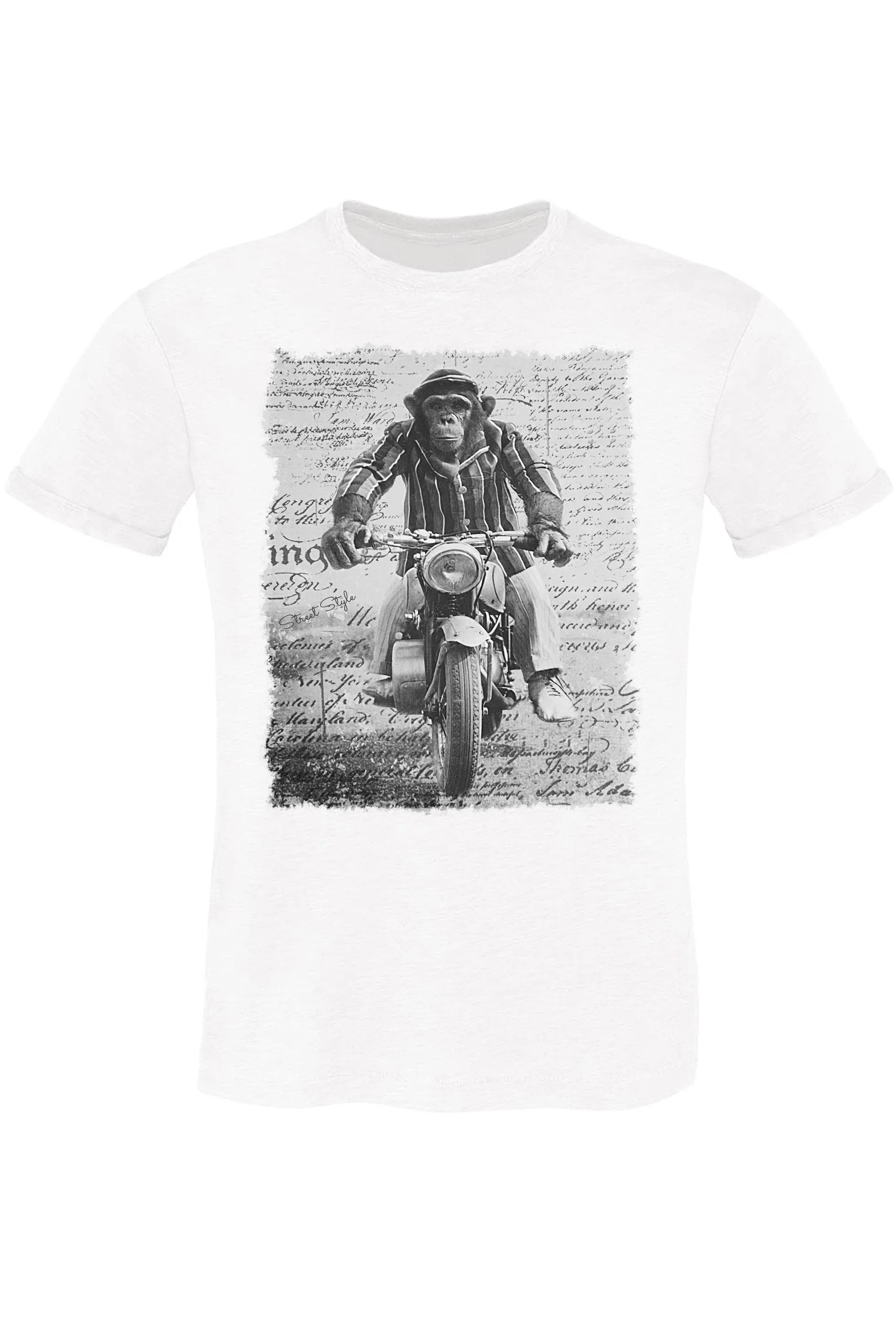 Street Style Monkey Dream Moto T-shirt for men, 100% cotton, featuring a bold monkey and auto art design.