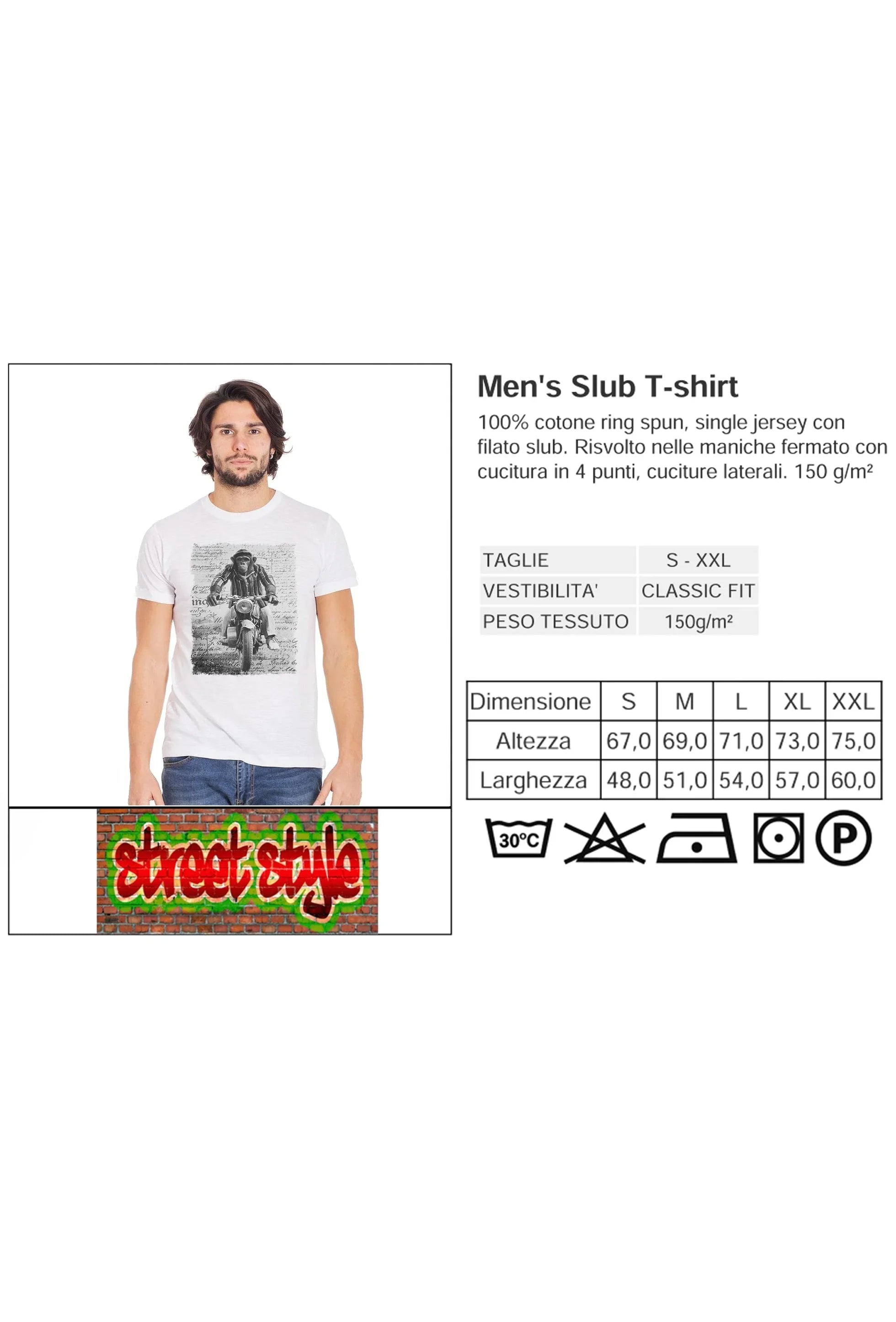Street Style Monkey Dream Moto T-shirt for men, 100% cotton, urban style, featuring a monkey graphic on a fiammato background.