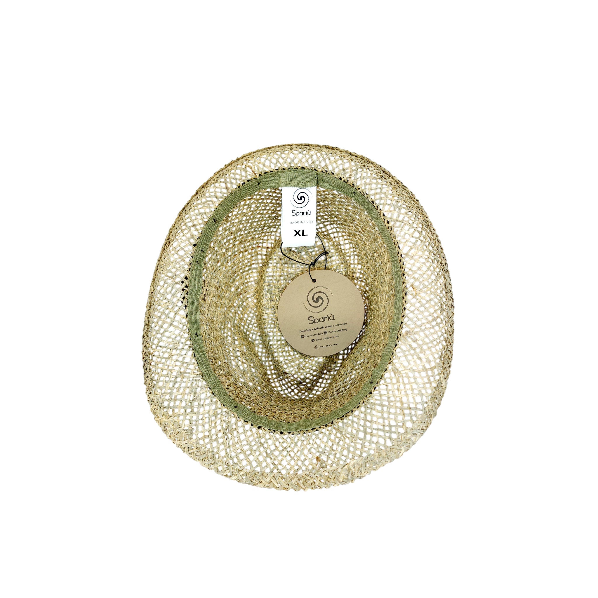 Natural straw trilby hat by Sbarià with eco-leather band, made in Italy, featuring size XL tag and handcrafted details.
