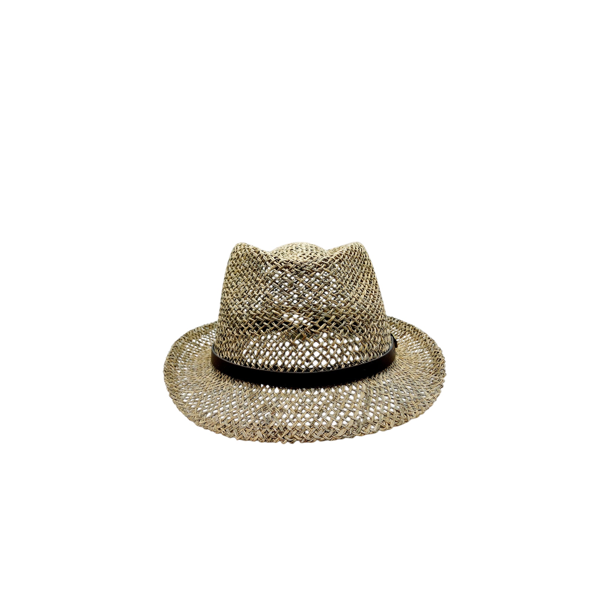 Sbarià summer trilby hat in natural biodegradable straw with black band, front view, eco-friendly and Made in Italy.