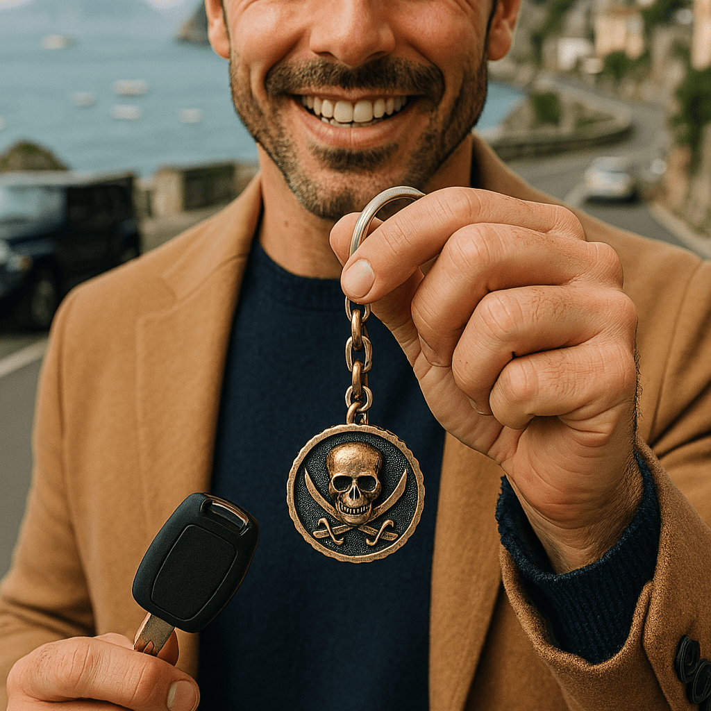 Silver keychain with black sails design from BDG Accessories, featuring a detailed nautical-inspired motif.