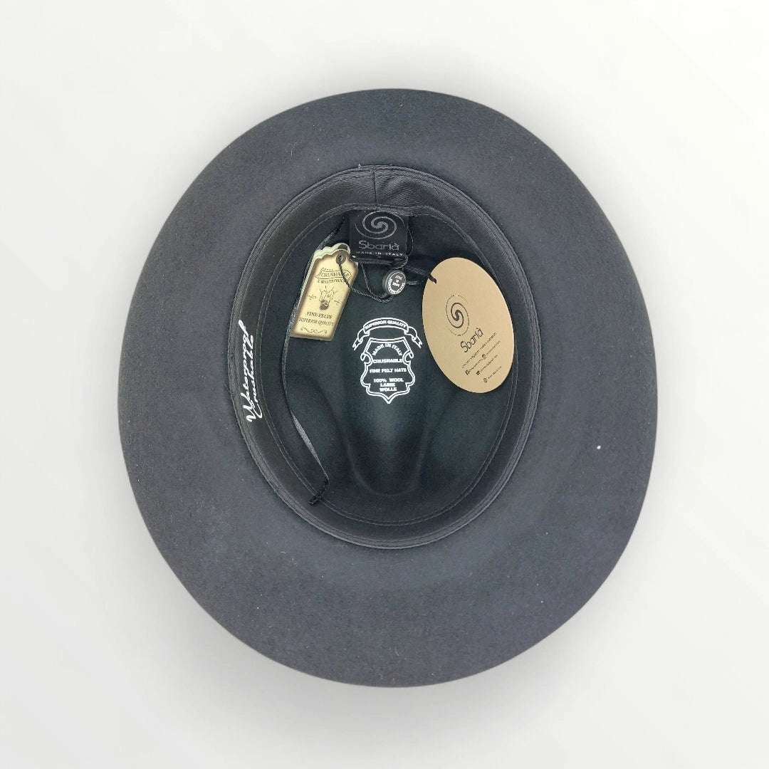 Black felt fedora hat with bow by Sbarià, waterproof and crushable, featuring a round crown and stylish ribbon detail.