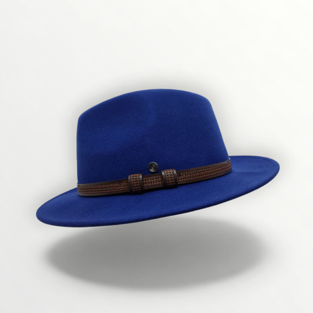 Sbarià felted wool fedora hat with oval shape, in petrol color, featuring a leather band and a waterproof, crushable design