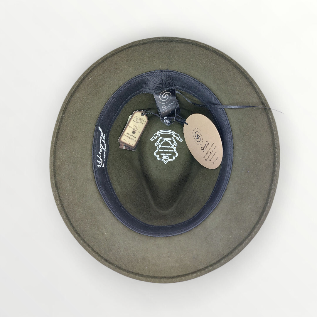 Sbarià waterproof felt lana fedora hat with olive color, oval shape, crushable design, and leather band on the brim.