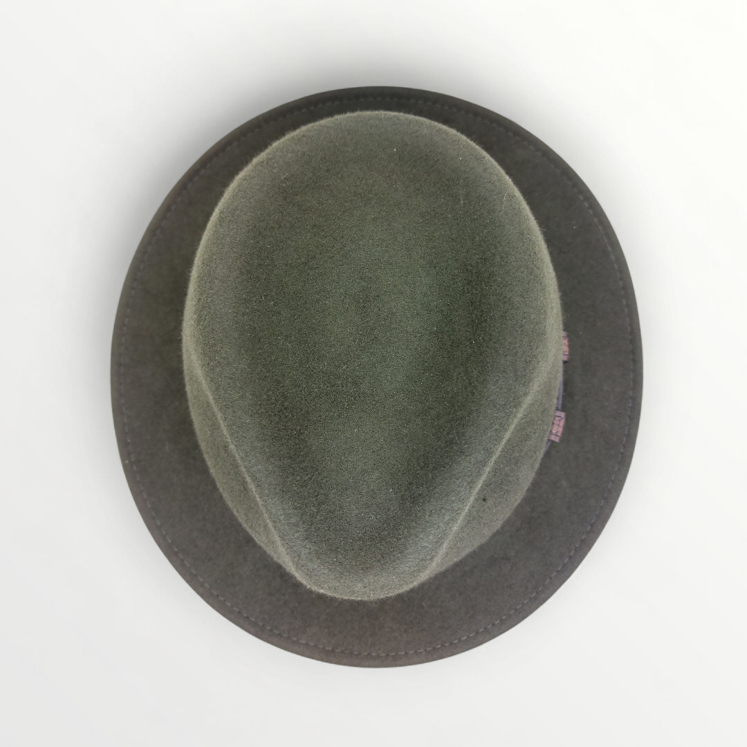 Olive green felt wool fedora hat with leather strap by Sbarià, waterproof and crushable for stylish weather protection.