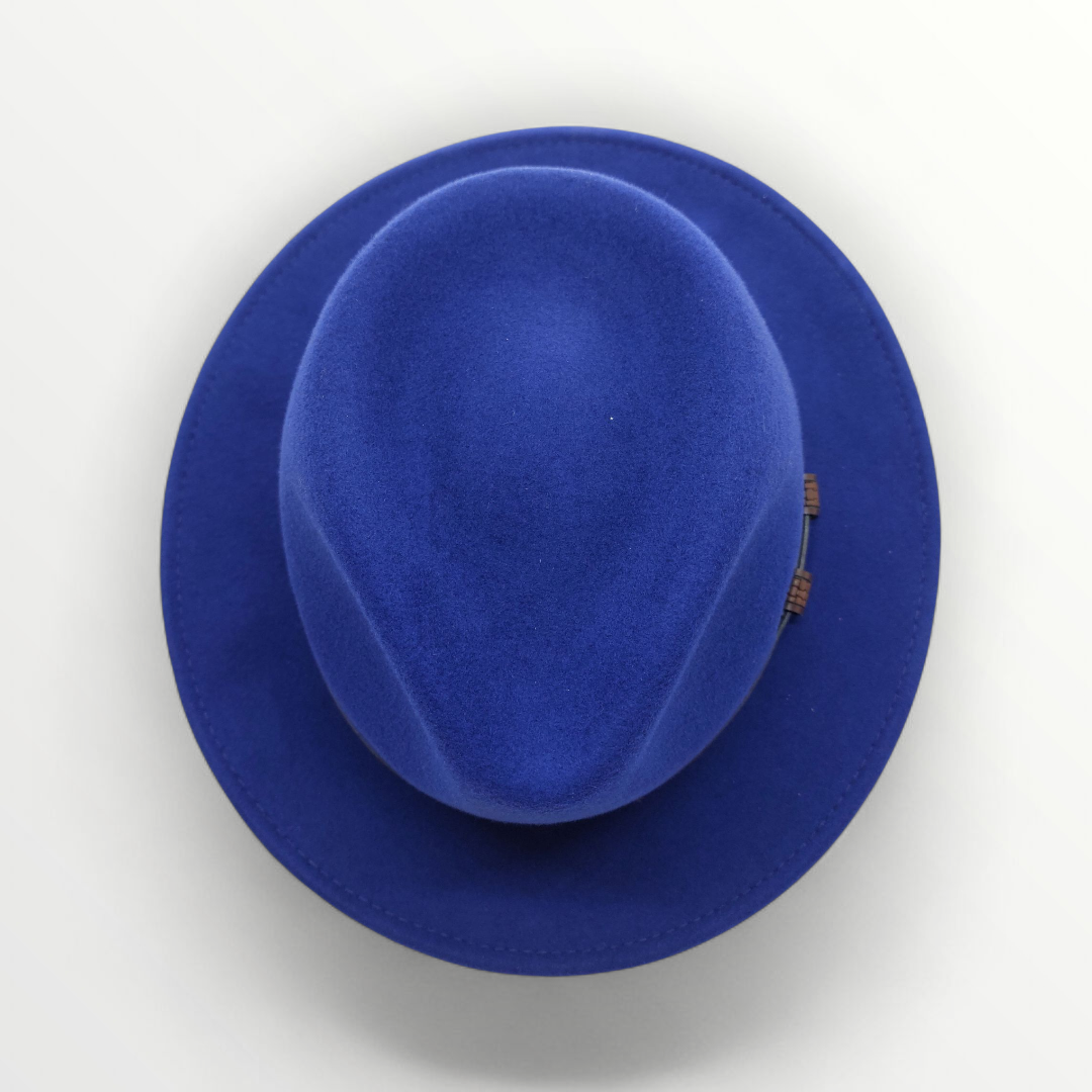 Sbarià waterproof felt lana fedora hat with oval shape, crushable design, petrol color, and leather band.