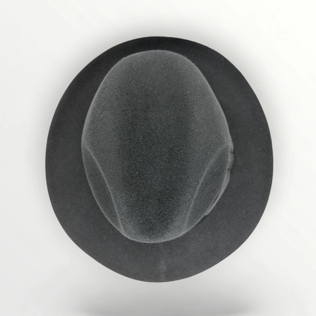 Black felt fedora hat with ribbon and bow, waterproof and crushable, by Sbarià, stylish and versatile for everyday wear.